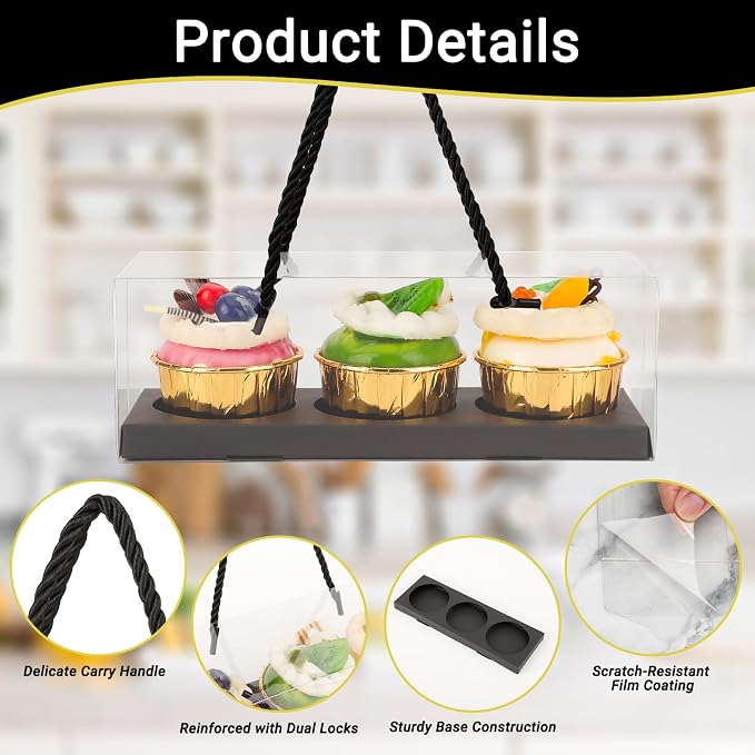 EUSOAR Cupcake Boxes, 20 Pcs 9"x3"x3" Black Clear Plastic Cupcake Containers Box 3 Compartments, Rectangular Portable Dessert Pastry Holder Cookies Wrappers for Birthday Wedding Party Favor Bakery