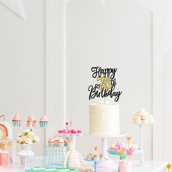 1 PCS Happy 75th Birthday Cake Topper Black Gold Glitter Cheers to 75 Years Birthday Cake Pick 75 Fabulous Cake Decoration for Happy 75th Birthday Anniversary Party Decorations Supplies