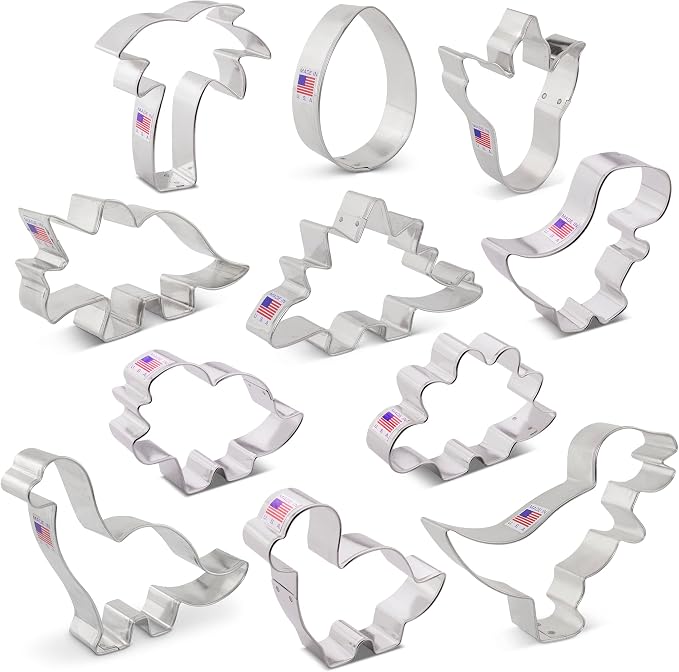 Ann Clark Dinosaur Cookie Cutters 11-Pc. Set (T-Rex, Triceratops, Brontosaurus, Dinosaur Foot, Dino Egg, and more) Made in USA