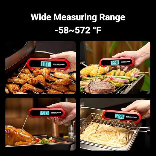 Meat Thermometer Digital for Grilling and Cooking - Waterproof Ultra-Fast Instant Read Food thermometers with Backlight & Calibration for Kitchen, Deep Fry, BBQ, Grill LCD(Red)