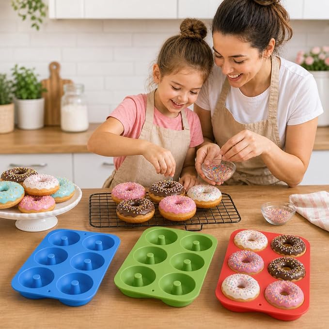 Silicone Donut Mold, 6 Cavity Non-Stick Doughnut Baking Pan – Food-Grade BPA-Free Flexible Silicone, Pops Out Easily, Oven Microwave Freezer & Dishwasher Safe (Donuts (3PK))