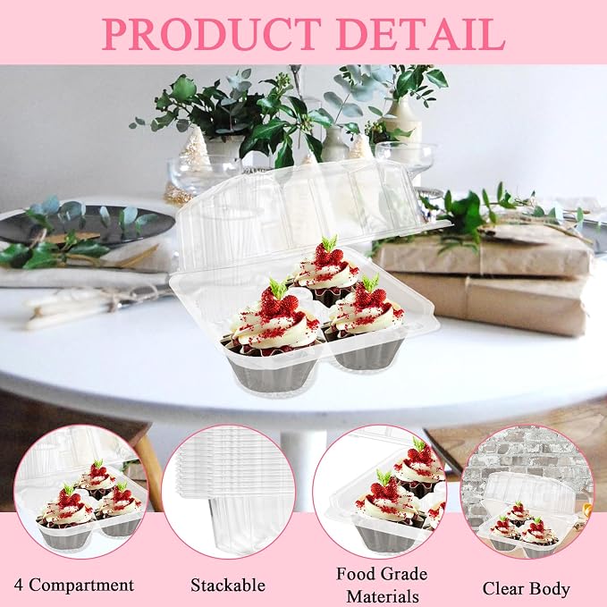 50 Pcs Cupcake Boxes 4 Count, Clear Plastic Cupcake Container Stackable, Deep Cupcake Carrier Holder Box for Carrying Cupcakes