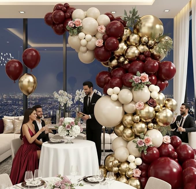 Burgundy Balloon Arch Garland Kit 163pcs, Burgundy Maroon Sand White Metallic Gold Latex Balloons Arch Kit for Birthday Graduation Maroon Wedding Valentines Day Anniversary Party Decorations