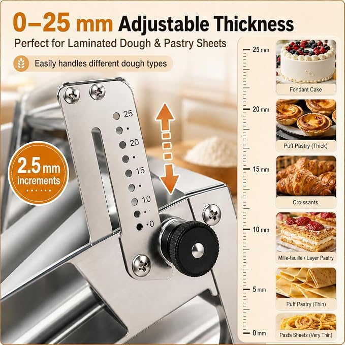 40.6"X22.8" Foldable Manual Dough Sheeter, Stainless Steel Dough Roller Machine with 0-25mm Adjustable Thickness, Pastry Sheeter for Pizza Dough, Croissant Dough, Bakery, Restaurant & Home Use
