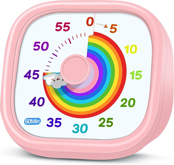 HIPPIH Visual Timer for Kids - 60 Minute Pomodoro Timers for Classroom Kitchen Office, Countdown Kids Timer Clock with Rainbow Disk, Desk Time Management Tool for Toddler with Silent Operation, Pink