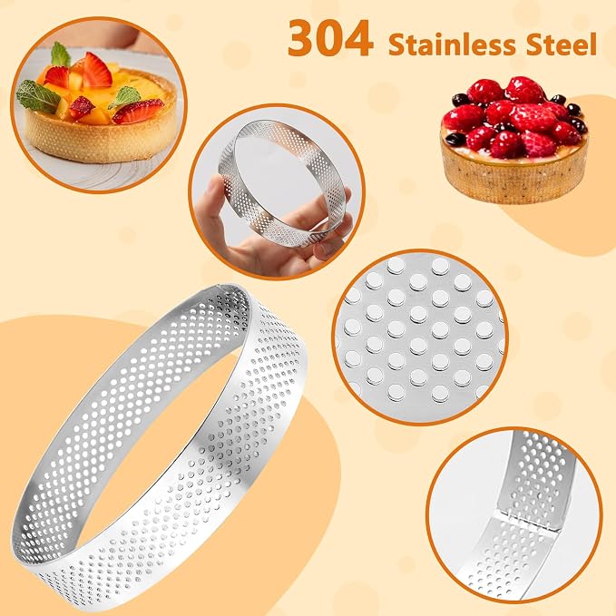 10 Pcs 3.5 Inch 304 Stainless Steel Tart Ring, Heat-Resistant Perforated Cake Mousse Ring, Round Ring Baking Small Fruit Tarte Crust Tools (9cm)