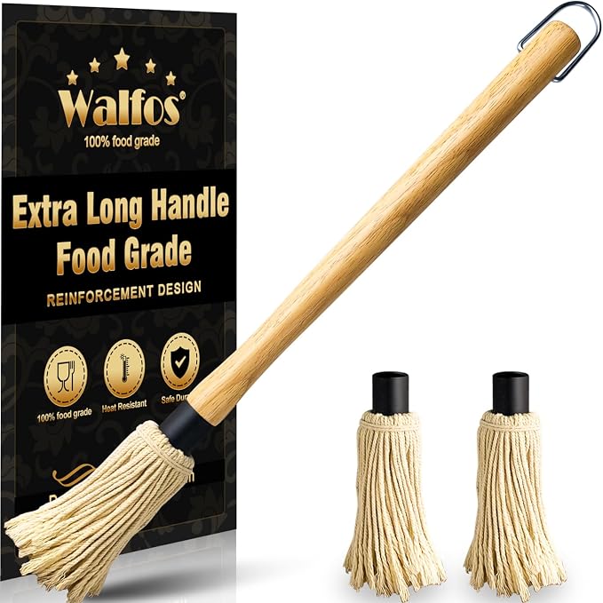 Walfos BBQ Mop Brushes for Sauce, Grilling Basting Mop Wooden Long Handle with 3 Heads, for Grilling, Barbecue, Smoking Steak (18")