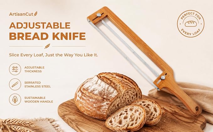 Adjustable Bread Knife — Precision Homemade Bread Slicer for Sourdough, Razor-Sharp Cutter Wooden Frame for Bagels, Baguettes Gift for Artisan Bakers