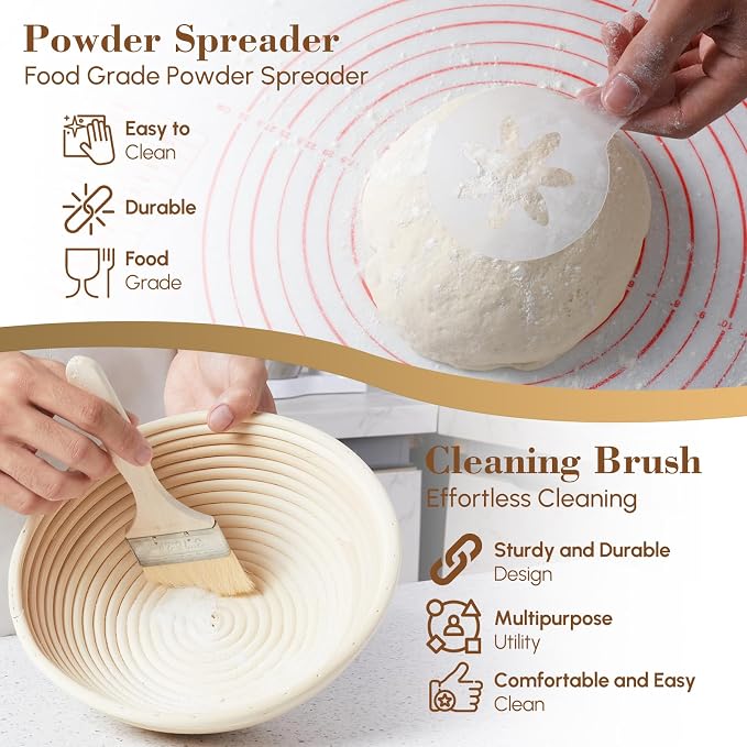 17 Pieces Banneton Bread Proofing Basket Set - 9 and 10 inch Round Sourdough Bread Proofing Baskets - A Complete Bread Making Kit, Danish Whisk, Bowl Scraper, Dough Scraper, & Bread Lame