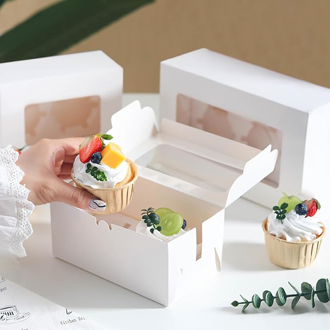 MUMULULU 20 PCS White Paper Cupcake Boxes with 2 Cavity Cookie Gift Boxes with Clear Window 2 Treat Holder Cupcake Containers Bakery Cake Box for Birthday Party Bakery Supplies