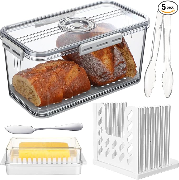 Qinyoung 4 Pcs Airtight Bread Box with Slicer for Kitchen Countertop Butter Dish Lid Time Recording and Drainage Mat Bread Storage Container for Sandwich, Sourdough Rounds, Bagels, Cakes(Gray)