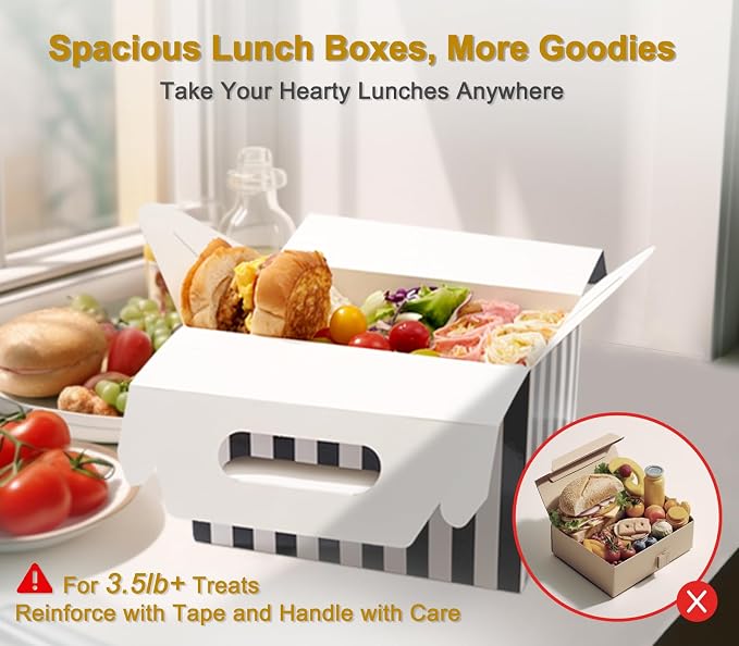 Happyhiram 40-Pack Large Gable Boxes Black Striped - 9x6x6 Inch Sturdy Cardboard Containers for Gifts, Box Lunches, Cookies, and Birthday Wedding, Easy to Assemble with Handles