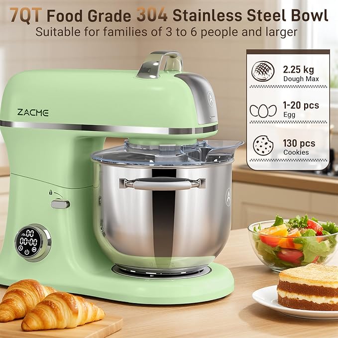 ZACME 7 Quart Stand Mixer Aluminum Die Casting, 650W 12 Speed Tilt-Head Kitchen Electric Stand Mixer, Household Food Mixer with Stainless Steel Bowl, Dough Hook, Whisk and Beater-Pistachio