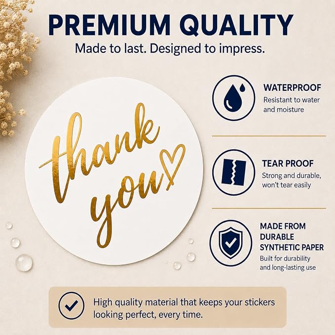 500 PCS Thank You Sticker Labels Roll – 1.5 Inch Round Gold Foil Stickers with Heart Design, 4 Colors for Small Business Packaging, Envelopes, Gift Bags, Shipping Boxes