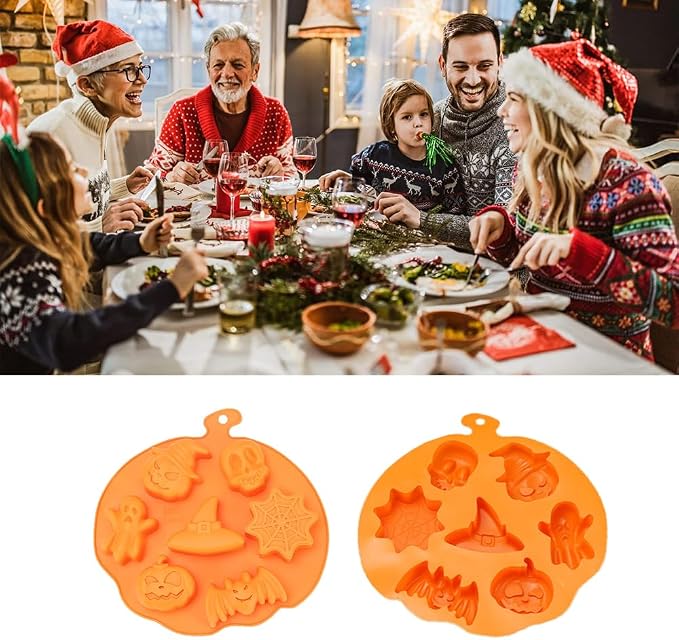 7 Cavities Silicone Cookies Biscuit Mold, Christmas Halloween Candy Mold, Reusable DIY Baking Mold Jelly Chocolate Mold, Ice Cube Tray Wax Melt Molds(Set of 2 Orange Halloween)
