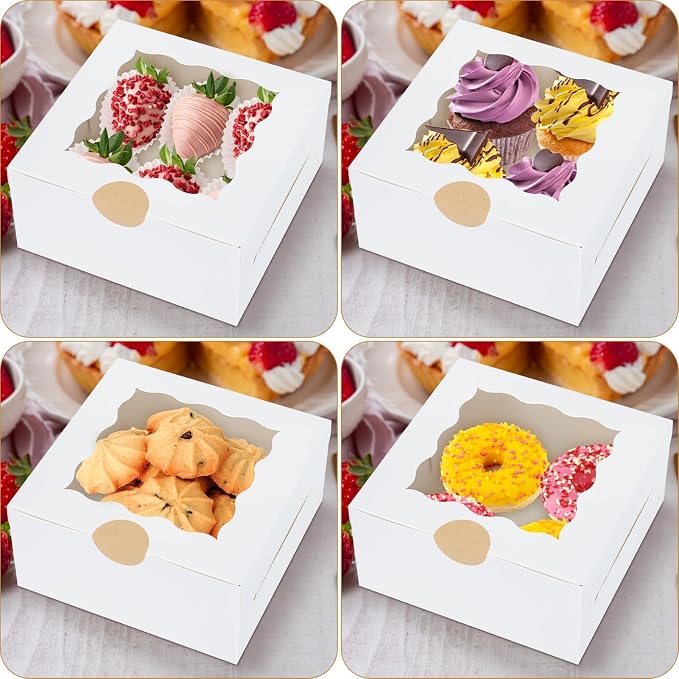 60 Pcs Bakery Boxes with Window, 6 x 6 x 3 Inches, White Cookie & Pastry Boxes for Baked Goods