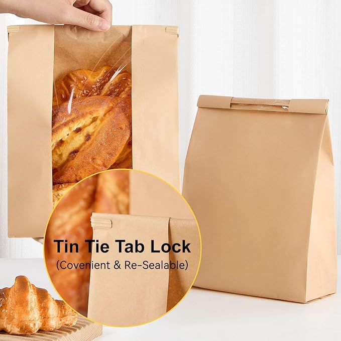 Ocmoiy 50Pcs Tin Tie Tab Lock Large Paper Bread Bags for Homemade Sourdough Bread Bags 13.7x8.2x3.5 Inch Resealable Bakery Bags with Window Thank You Stickers