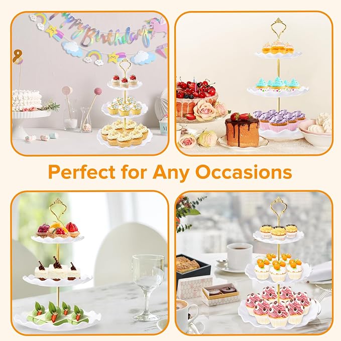 Hoedia 3 Tier Cupcake Stand Tower, Plastic White Cup Cake Holder for Dessert stands, Tiered Serving Tray for Tea Party, Birthday Party, Wedding Decor and Baby Shower(Round Wave)