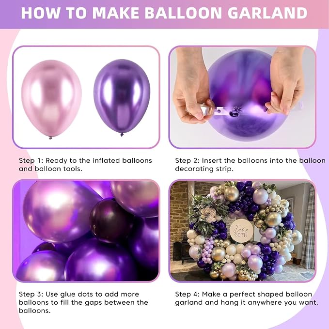 100pcs Metallic Pink Purple Balloon Garland Kit, Metallic Purple Metallic Pink Balloons Different Sizes 18/12/10/5 inch for Wedding Anniversary Birthday Bachelorette Bridal Shower Party Decorations