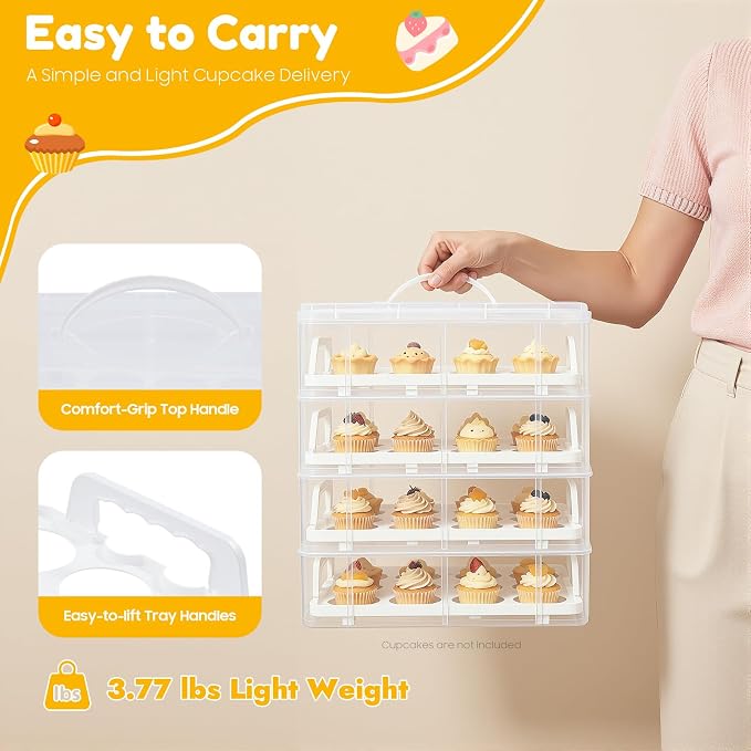 4-Tier Cupcake Carrier Stackable Storage Container,Store up to 48 Cupcakes | Plastic stackable trays with Lid and Handle. Lightweight for parties, baking, travel. Keeps cupcakes secure. BPA-free.