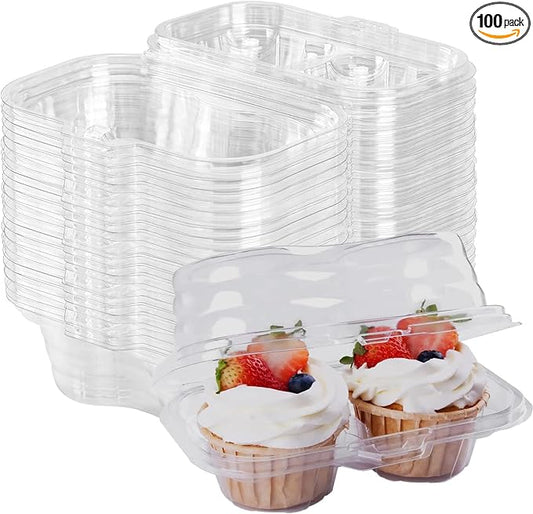 100PCS Cupcake Containers 2 Count Clear Cupcake Boxes Disposable Cupcake Holder with Lid Plastic Cupcake Containers 2 Cavity High Topping for Cupcakes Muffins Pies