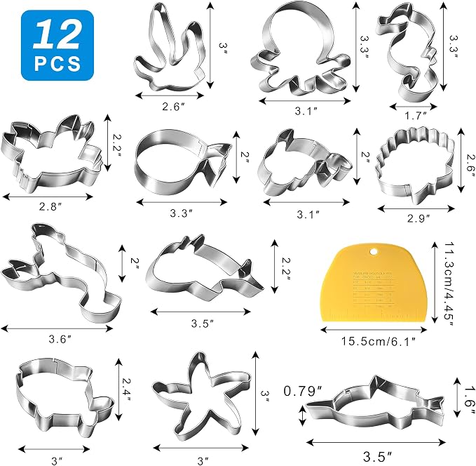 Under the Sea Cookie Cutter Set - 12Pcs Mini Cookie Cutters Variety Pack with Dough Scraper, Stainless Steel Cookie Mold for Biscuits, Fondant, Sandwiches and Pancakes