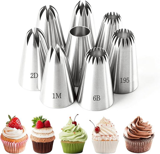 8Pcs Large Piping Tips Set, 304 Stainless Steel Cake Piping Tips, Pastry Frosting Icing Tips for Decorating Cookies, Cupcakes & Birthday Cake, Dishwasher Safe