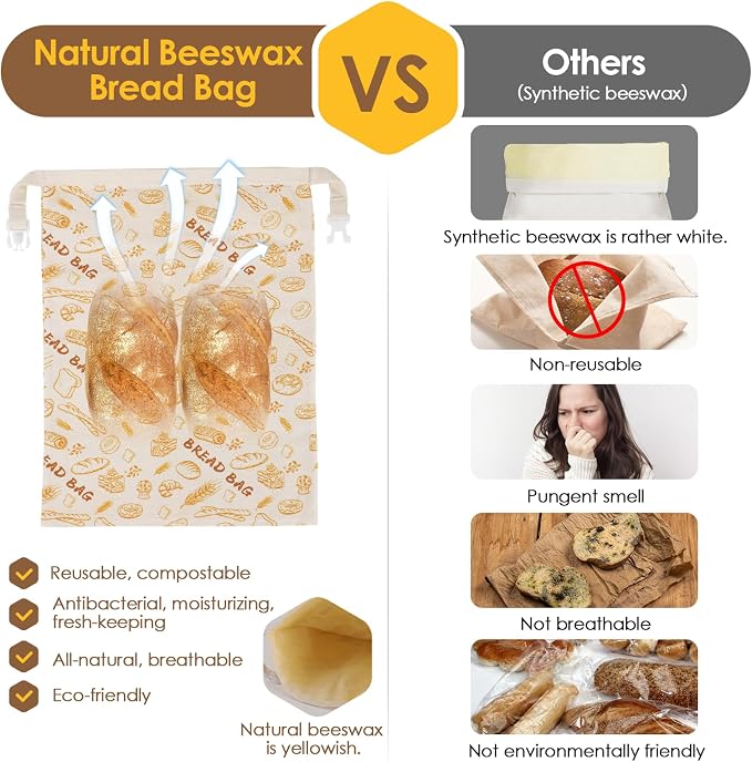 1-Pack pure cotton Reusable Beeswax Bread Bags - 10x13 Inch for Sourdough & Homemade Bread Storage | All-Natural Beeswax Preservation, Eco-Friendly Cotton Food Bags - Easy to Clean & Daily Use
