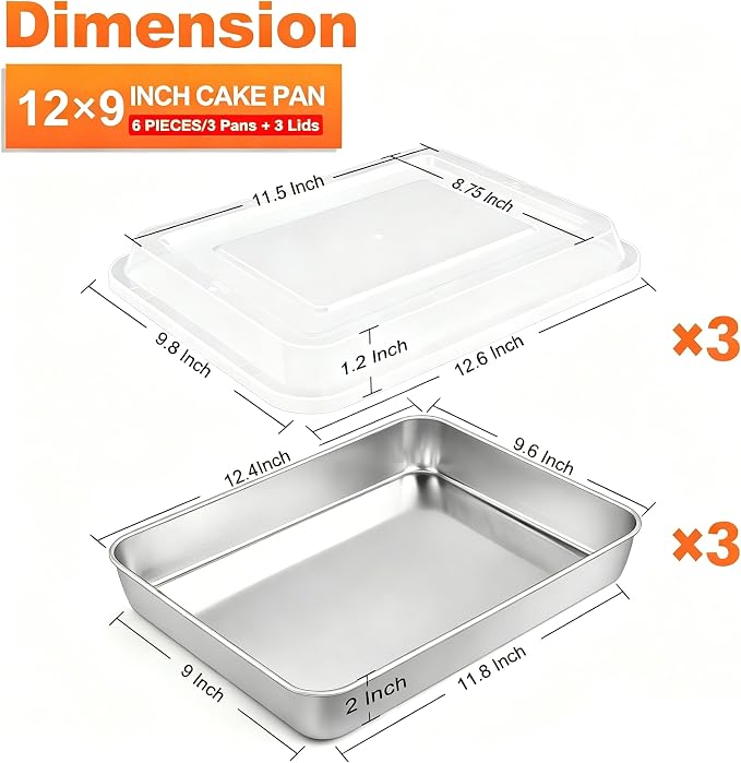 Herogo Baking Pan with Lid Set (3 Pans + 3 Lids), 9 x 12 Inch Stainless Steel Nonstick Deep Bakeware, for Cakes Brownies Casseroles, Non Toxic & Dishwasher Safe