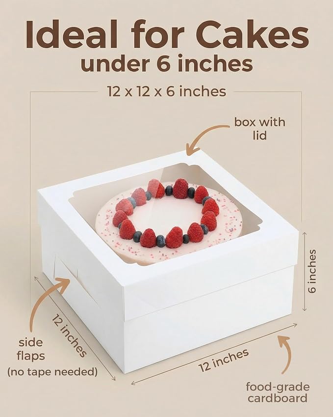 12x12x6 inch Cake Boxes 20 pcs, Large 12 inch Cake Box with Window for 6 Inch Tall Large Bakery Cakes, Pies, Sturdy Square White Cardboard, Cake Decorating Supplies (80 Pcs Stickers)
