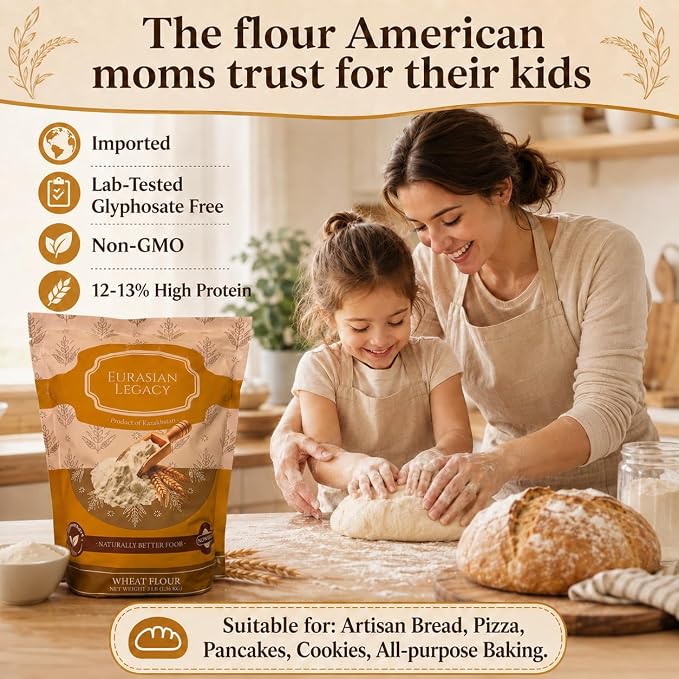 Eurasian Legacy Imported Lab-Tested Glyphosate-Free Wheat Flour, High-Protein, Unbleached, Non-GMO, for Bread, Sourdough & All-Purpose Baking, 3 lb