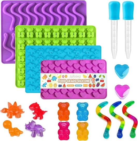 Gummy Candy Molds - Silicone Mini Gummy Bear/Hearts/Dinosaur/Gummy Worm Mold with 2pcs Dropper,Non-stick and Bpa Free for Candy Chocolate Gummies Baking