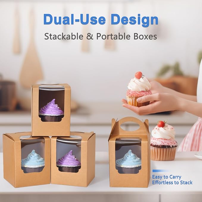 Cupcake Boxes 12 pcs, Individual Cupcake Containers Brown with Window Insert and Handle, Pastry Box Single Muffins Holder Disposable for Bakery Wrapping Party Favor Packaging