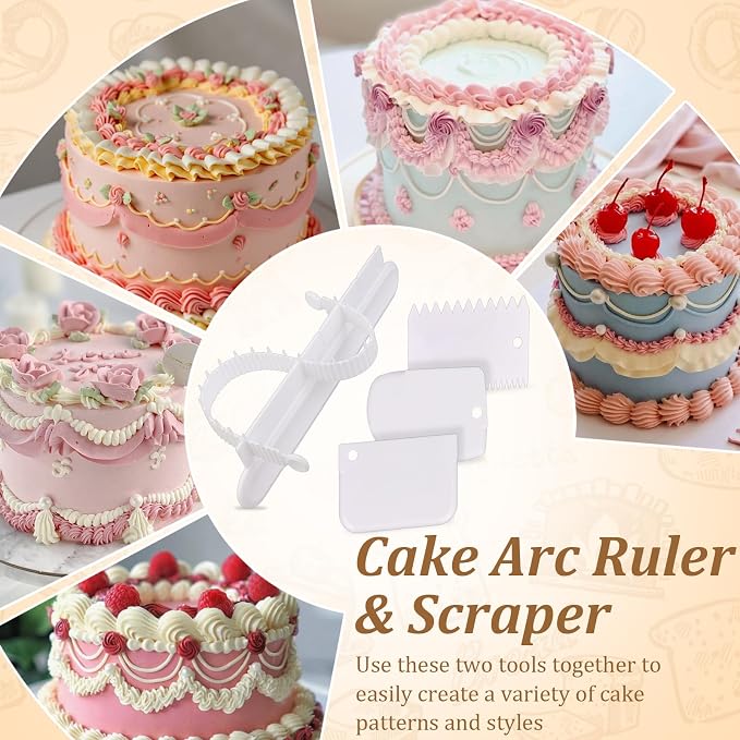 4Pcs Cake Decorating Tools Set, 1 Cake Arch Guide Tool & 3 Cake Scraper Smoother, Adjustable Arc Divider, Fondant Icing Smoothing Tools for DIY Cakes, Bread and Desserts
