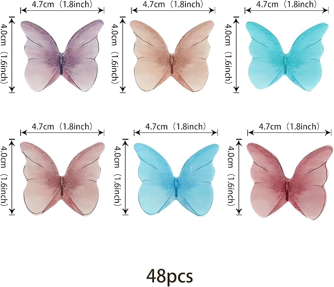48PCS Edible Butterfly Cupcake Toppers - Edible Wafer Paper Butterfly Cake Decorations for Baby Shower, Birthday, Wedding Parties - Colorful