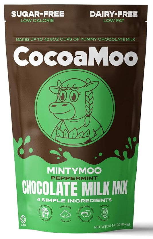 MintyMoo Sugar-Free, Dairy-Free Mint Chocolate Milk Mix, Organic Cacao Powder with Monk Fruit Extract, No Added Sugar, No Gums or Fillers, Easy to Blend Powder (by CocoaMoo)