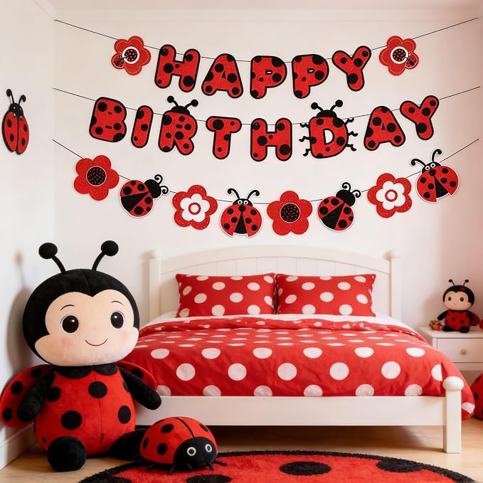 Zwiebeco Red Black Ladybug Happy Birthday Banner Bunting Hanging Paper Garland Party Decorations for Boys Girls Kids Baby Shower Insect Ladybird Themed Spring Garden Bday Decor Accessories Supplies