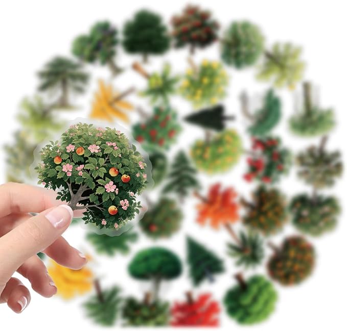 56 pcs Tree Plant Clear PET Stickers, Four Seasons Forest Leaf Palm Transparent Die-Cut Decals, Waterproof Aesthetic Stickers for Journal Scrapbook Planner Nature DIY Craft Decor