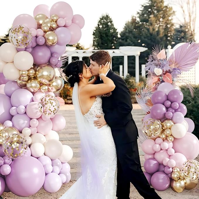 Purple Balloon Arch Kit, 143Pcs Dusty Macaron Pink Purple Lavender Balloons Garland Arch Kit Sand White Gold Confetti Balloons for Birthday Bridal Shower Engagement Wedding Baby Shower Decorations