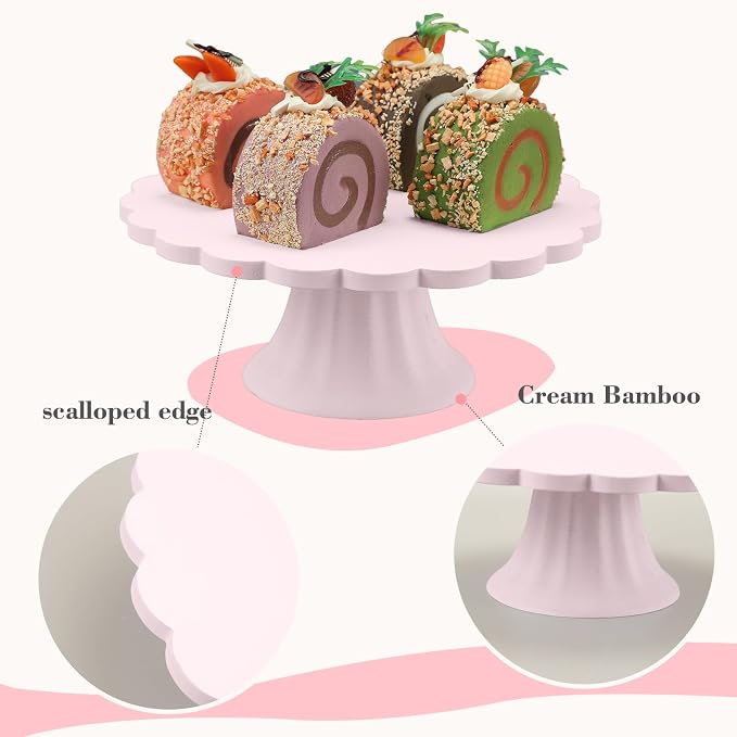 Vesici Pink Wooden Cake Stand Scalloped Reusable Round Cake Stand Dessert Holder for Cupcake Donut Dessert Wedding Baby Shower Party Supply (7.75" L x 7.75" W x 3" H)