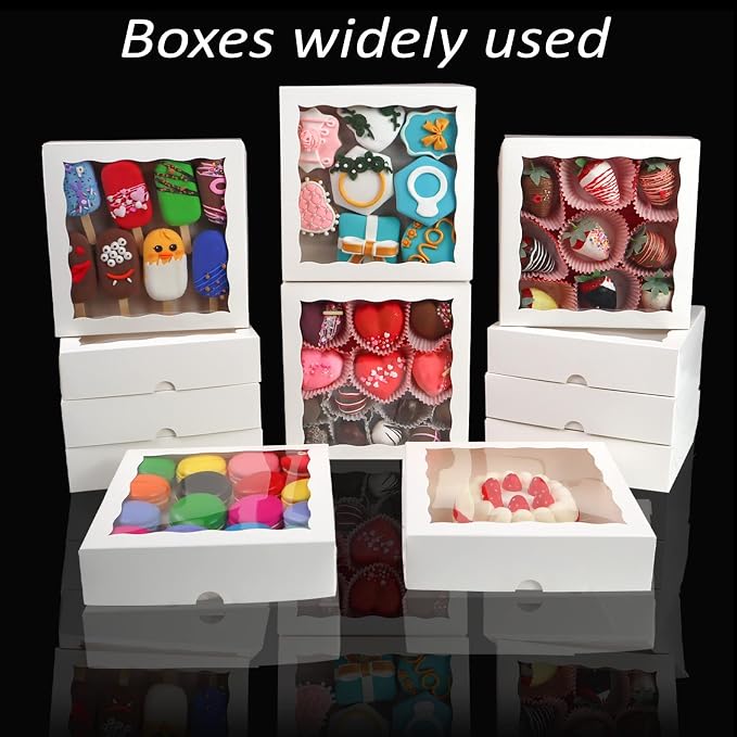 RomanticBaking 30pcs 8x8x2 Inches Bakery Boxes with Window Pie Boxes Cookies Boxes Chocolate Covered Strawberries Boxes Cakesickle boxes