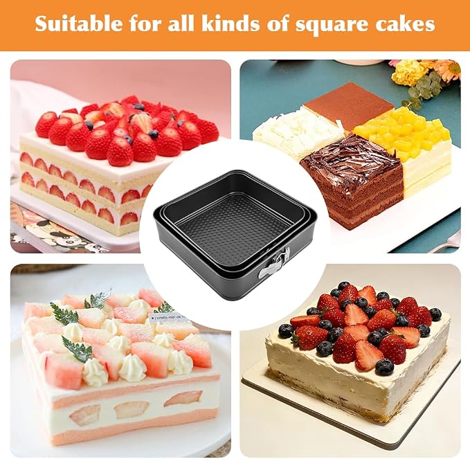 Set of 3 Springform Cake Tins Heavy Duty, Double Layer Non-Stick Coating, Removable Base, Heavy Duty Carbon Steel, Perfect for Frozen Desserts - Oven Safe Bakeware(SIZE:square)