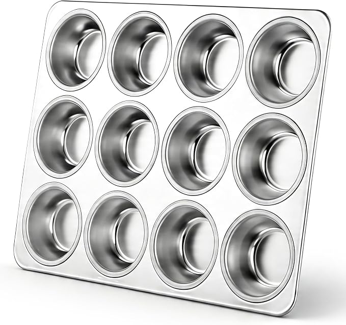 LIANYU Muffin Pan 12 Cups, Stainless Steel Cupcake Muffin Tin for Baking, Regular Size Metal Cupcake Baking Tray for Mini Muffins, Quiche, Brownie, Oven & Dishwasher Safe
