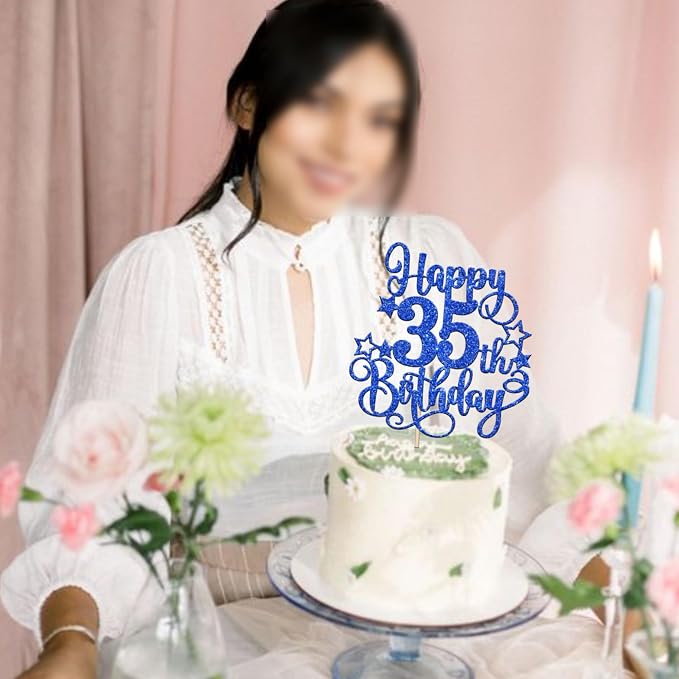 1 PCS Happy 35th Birthday Cake Topper Glitter Cheers to 35 Years Birthday Cake Pick Hello 35 Fabulous Cake Decoration for Happy 35th Birthday Anniversary Party Decorations Supplies Blue