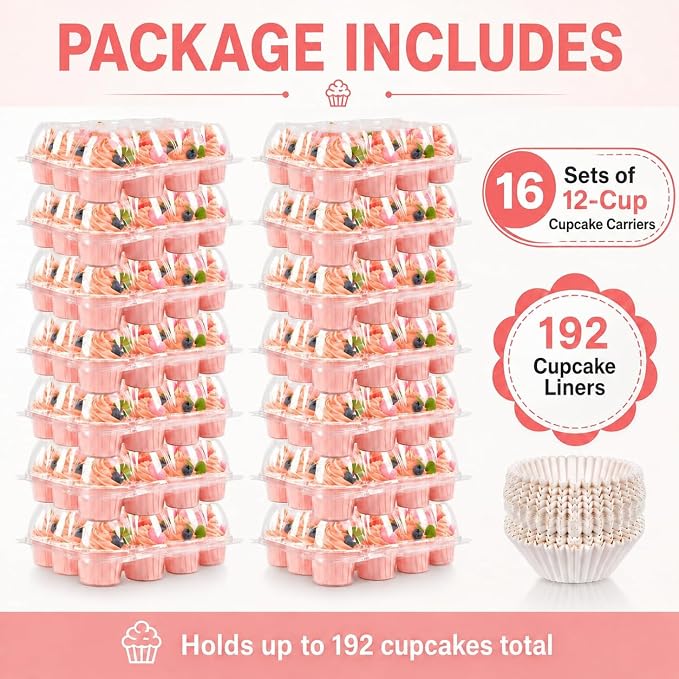 Cupcake Containers Holder - 12 Counts x 16 Sets Stackable Cupcake Boxes Carrier with 200 Pack Liners, Plastic Disposable Clear Cupcake Storage Tray with Detachable Dome Lid for Mini Individual Cake