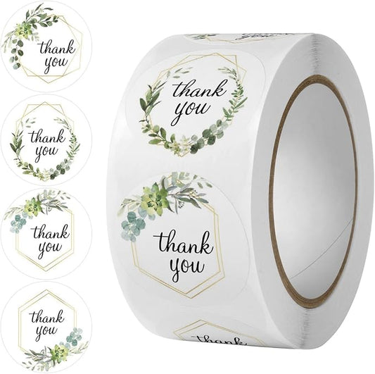 BLESS-VAST 500 PCS Thank You Stickers for Small Business - 1 Inch Green Leaf Decal Envelope Seal 8 Designs Vibrant Colors Labels for Baking Packaging Gift Bags Wraps Crafts (Green Leaf)