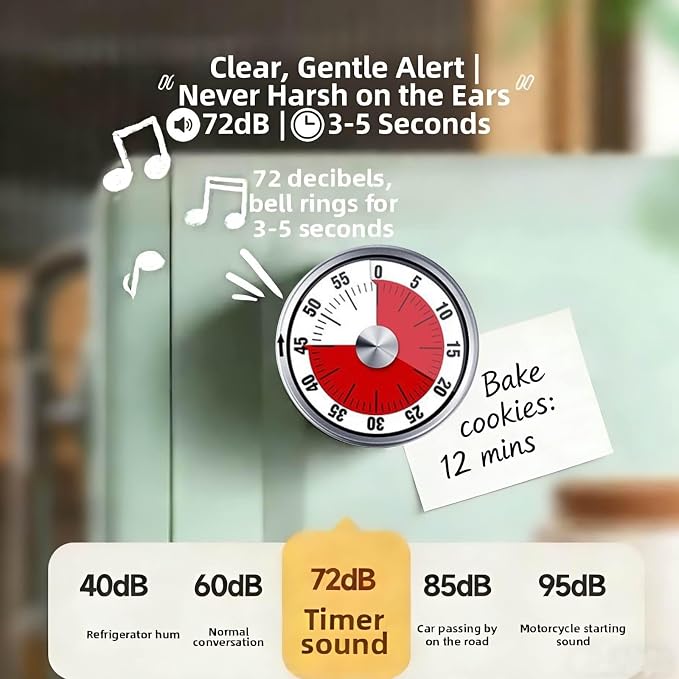 Mechanical Kitchen Timer, 60 Minute Wind Up Magnetic Visual Cooking Timer with Loud Alarm, Stainless Steel No Batteries Countdown Timer for Kitchen Cooking, Classroom, Office, Chef, Teacher (White)
