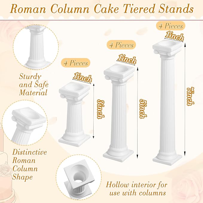 Suclain 27 Piece Cake Tier Stacking Kit Includes 12 Roman Columns in 3 Sizes 6 Cake Boards 4.7/ 6.3/ 7.9 Inch and 9 Dowel Rods for Wedding and Tiered Cakes Building and Stacking