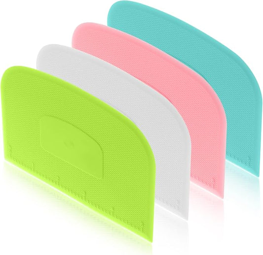 4 Piece Plastic Dough Scraper Bowl Scraper Flexible Multipurpose Food Scraper Plastic Dough Cutter for Bread Cake Dough Fondant Icing (White, Green, Blue, Pink)