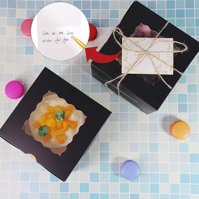 20 Pack 6x6x5 Inch Cake Boxes with Window, Black Bakery Carriers for Bento Cake, Cupcakes, Cookies, Dessert Treats – Perfect for Valentine's Day, Mother's Day Gifting